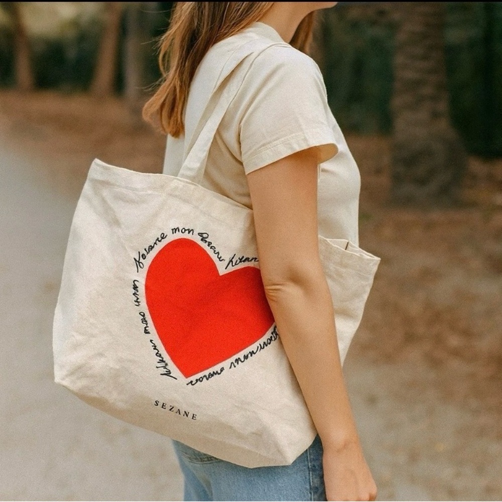 Sézane Mon Amour Red Heart Cotton Tote Bag Sezane Limited Edition